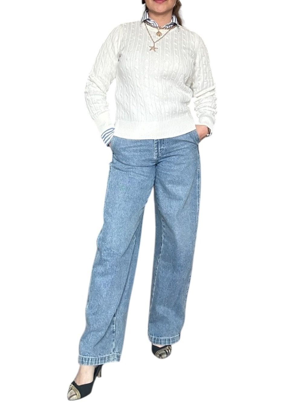 St John’s Bay Cotton Classic Cream Cable Knit Sweater - Small - Picture 6 of 6